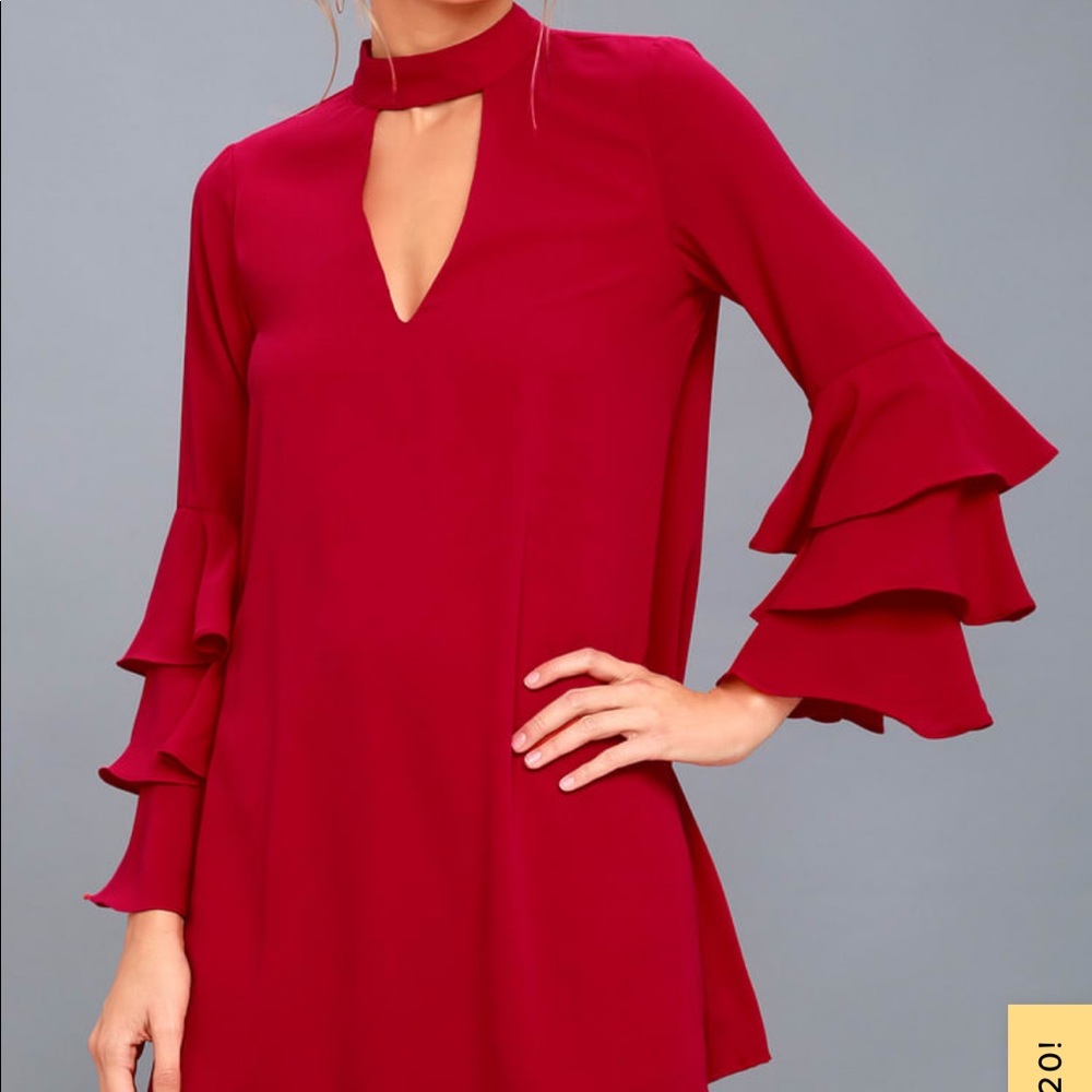 Lulus Aesthetic Aspirations Red Flounce Sleeve Shift Dress